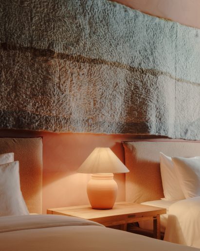 Lamp on bedside table in Kakheti lakeside hotel