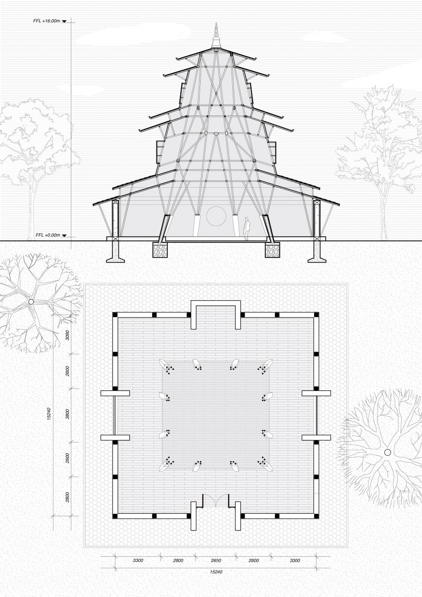 Floor plan and section of the Mahamudra Meditation Centre in Nepal by Abari