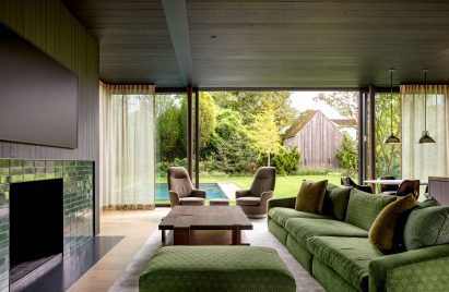 Green couch in living room