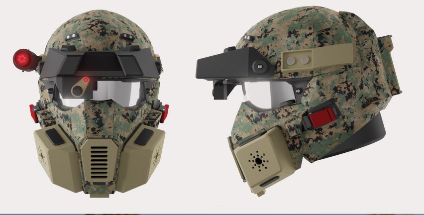 an image of two army helmets in tones of green