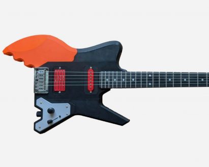 an image of a 3D-printed guitar in tones of navy and orange