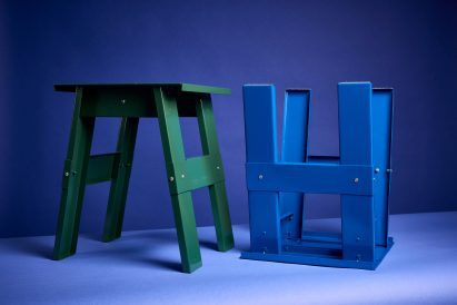 a photograph of two stools in tones of blue and green
