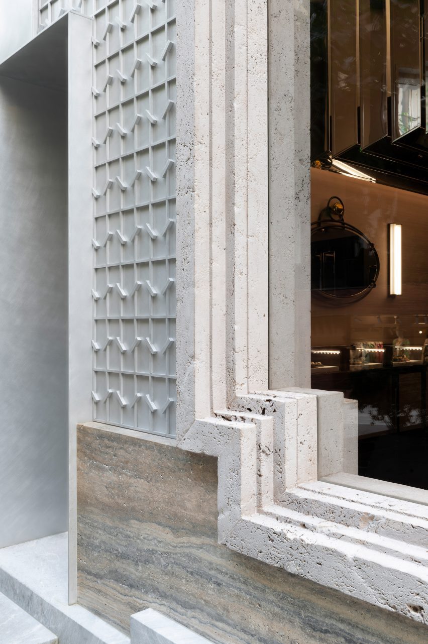 Travertine window frame of Nikos Koulis store in Athens by Bureau de Change