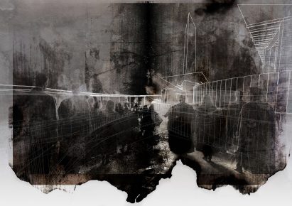 an abstract image showing figures in a dark environment