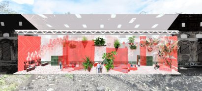 a visualisation of a building in tones of pink and green