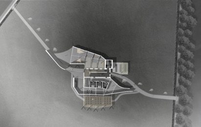 a visualisation showing a building from above in a body of water