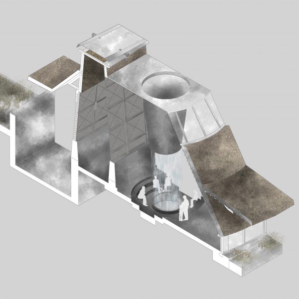 a visualisation of a building design in tones of grey