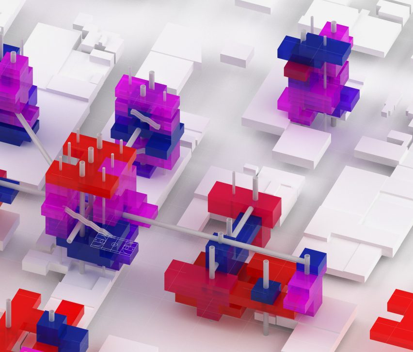 a photograph of architectural models in tones of pink, red and purple