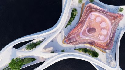 a visualisation from above of a pink building on white ground