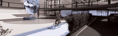 a visualisation of a person riding a bike along a path, with a building behind them