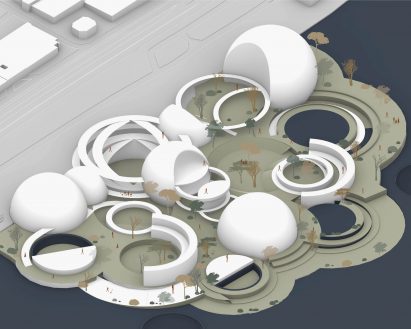 a visualisation of white spherical buildings on a beige and navy surface