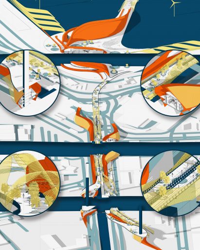 an image representing an architectural proposal in tones of white, blue and orange
