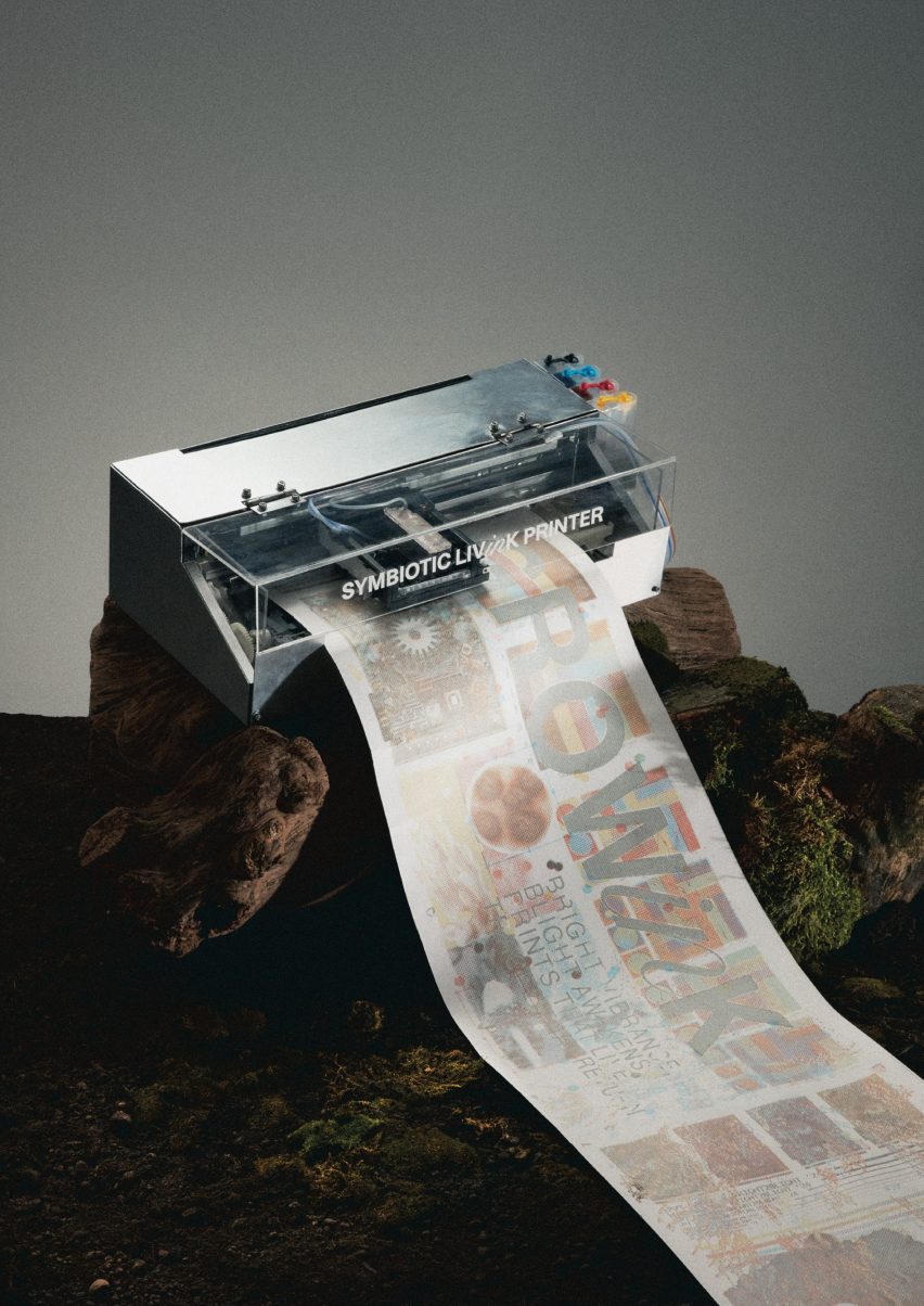 a photograph of a printer printing a sheet of white paper with brown and beige images and text on it