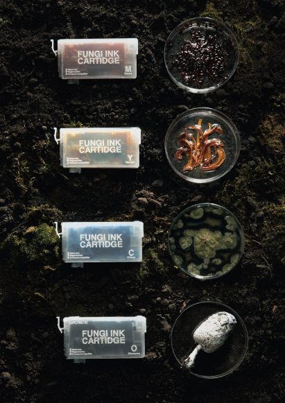 a photograph of ink cartridges with natural materials next to them