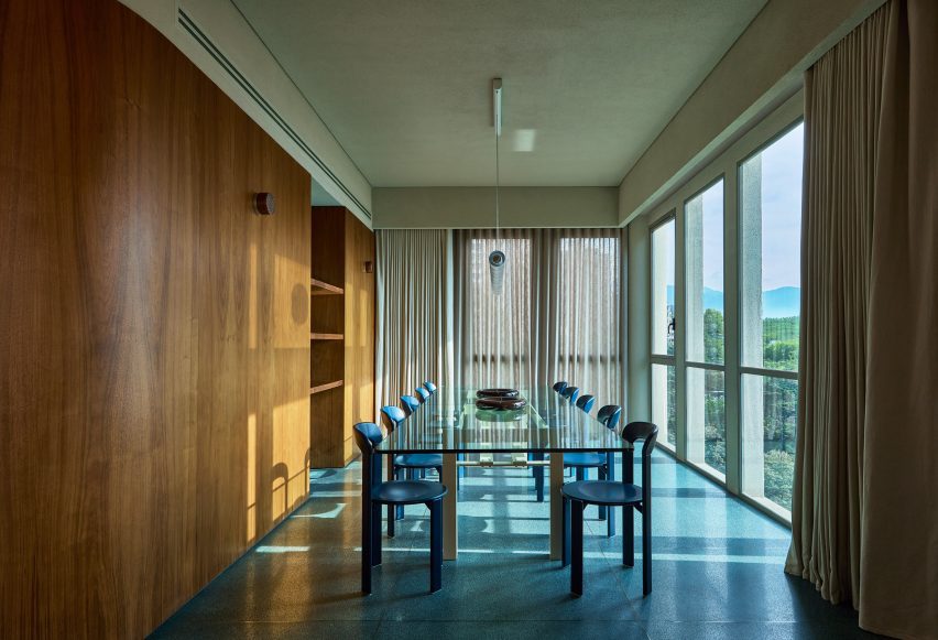 Dining room with green floors