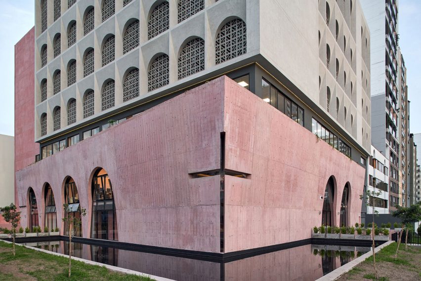 Convent made out of pink and grey concrete