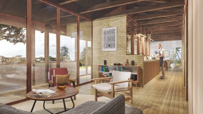 a visualisation of a house interior in beige tones