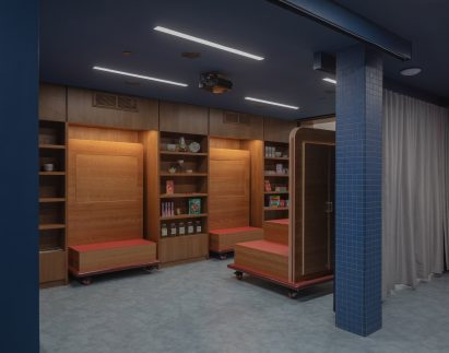 Wooden seating in Small Business Innovation Hub by TK Justin Ng