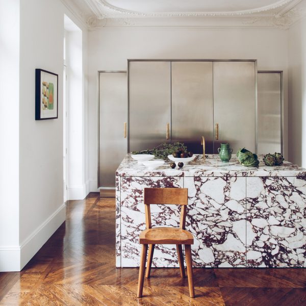 Interior with a marble kitchen island