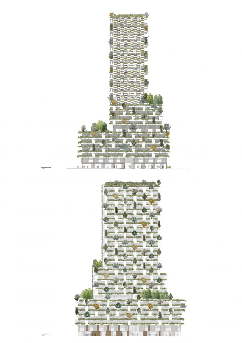 Elevation of Wonderwoods Vertical Forest by Stefano Boeri Architetti
