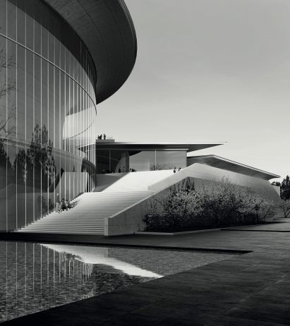Large museum building with ramp