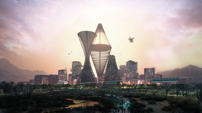 Telosa towers in desert