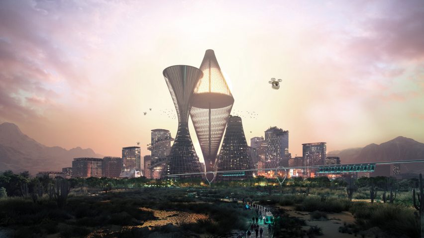 Telosa towers in desert