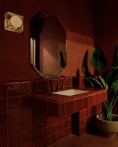 Bathroom lined in aubergine-coloured tiles