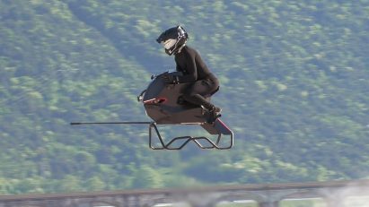 Close-up of flying motobike