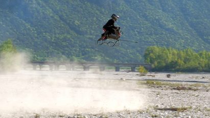Man on a flying motorcycle