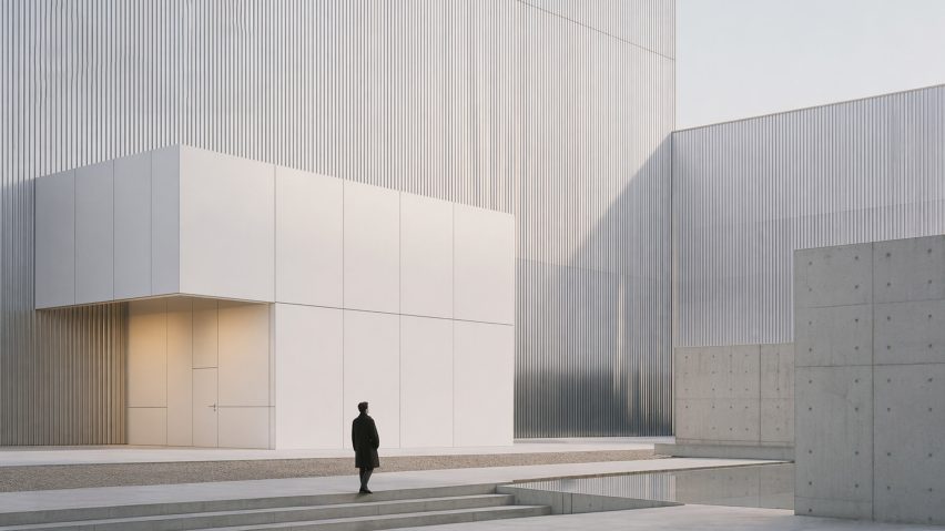 an image of a person standing in front of a large, white building