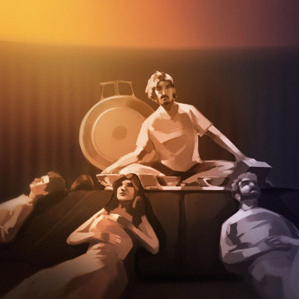 Illustration of people sat in front of a drum symbol