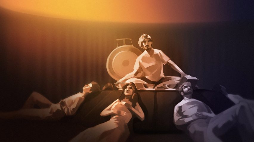 Illustration of people sat in front of a drum symbol