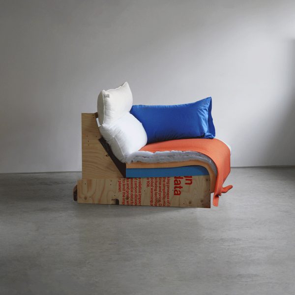 Photo of wooden and textile sofa
