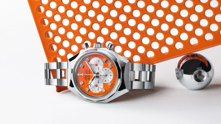 Orange watch with steel watchband