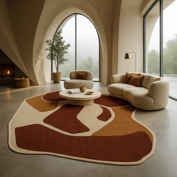 Photo of a living space with arched windows, with a rug, coffee table and sofas