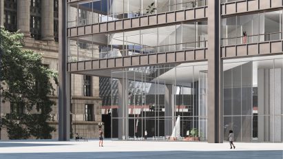 Render of Zixuan Luo's new exterior from the ground floor of the Richard J Daley Center