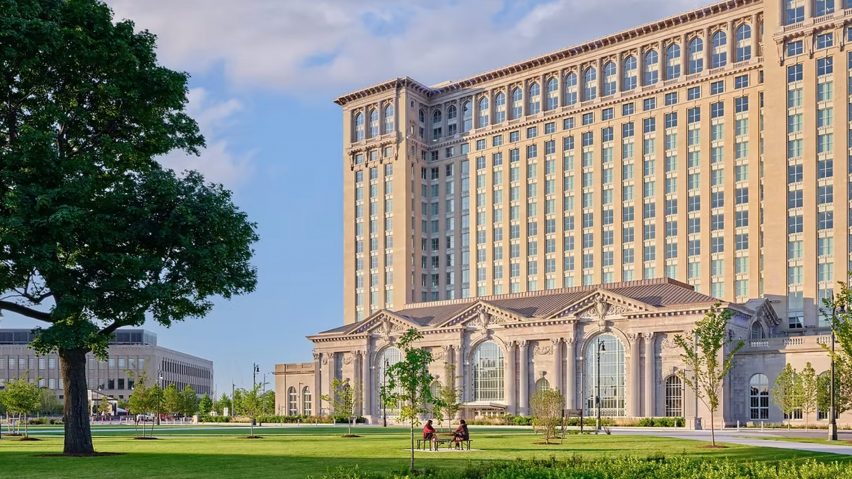 Render of a building and a park