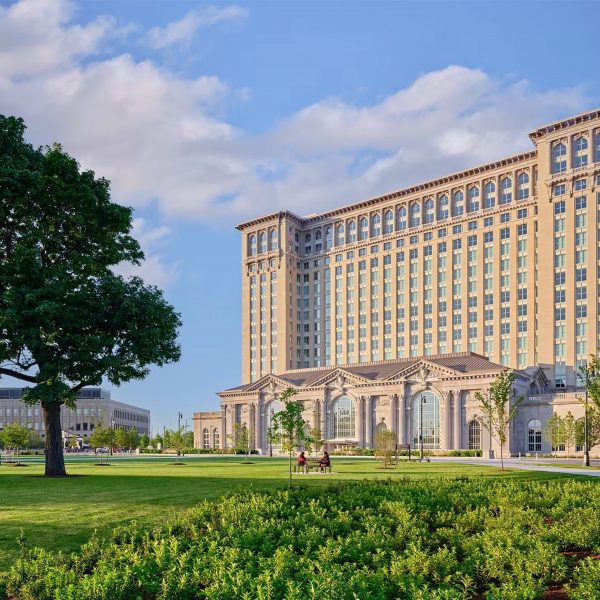 Render of a building and a park