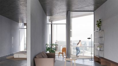 Render of Zixuan Luo's reimagined apartment space in the Richard J Daley Center
