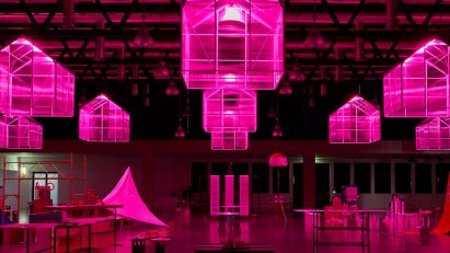 A photograph of an installation in tones of pink