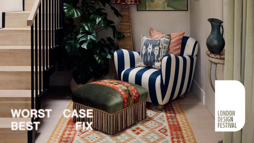 Photo of a striped sofa next to stairs