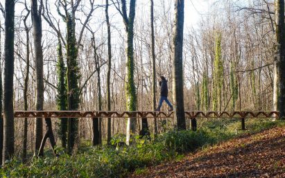 Photo of a person walking along A Forest Datum elevated forest walkway