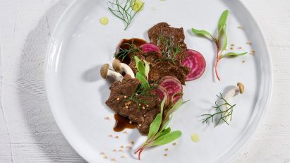 Lab-grown steak on a plate