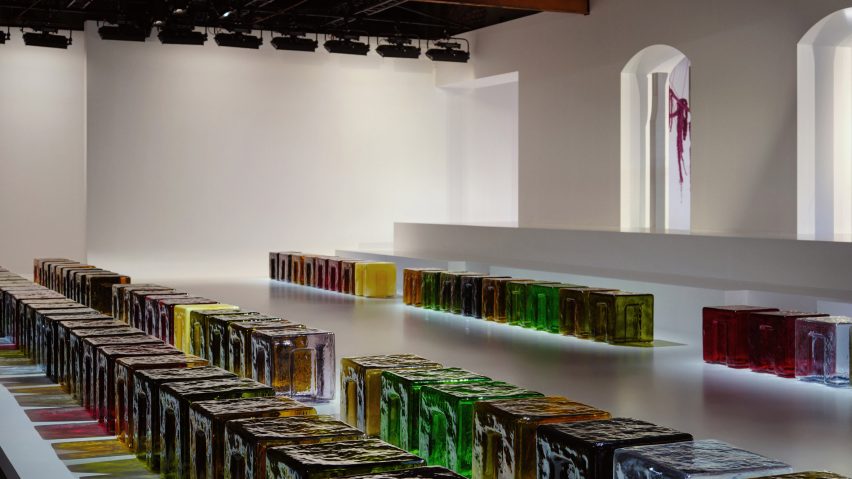 Set of Bottega Veneta show with glass stools