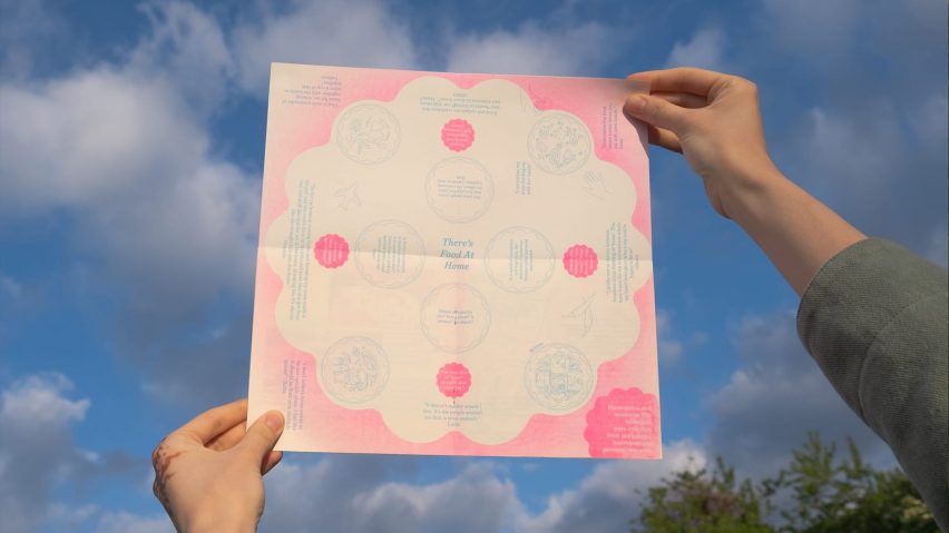 a photograph of a person holding up a sheet of paper in tones of pink and white