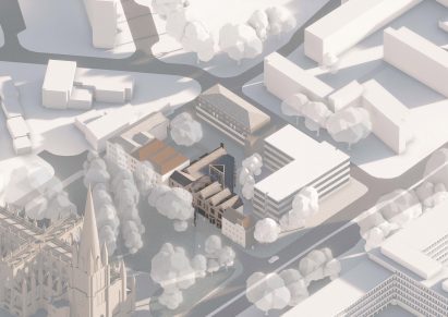 a visualisation from above of a building in tones of grey, white and beige