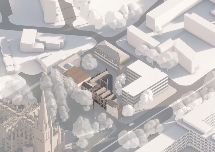 a visualisation from above of a building in tones of grey, white and beige