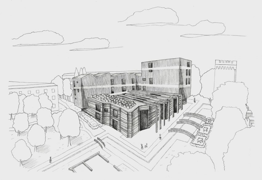 an illustration of a building in tones of black and white