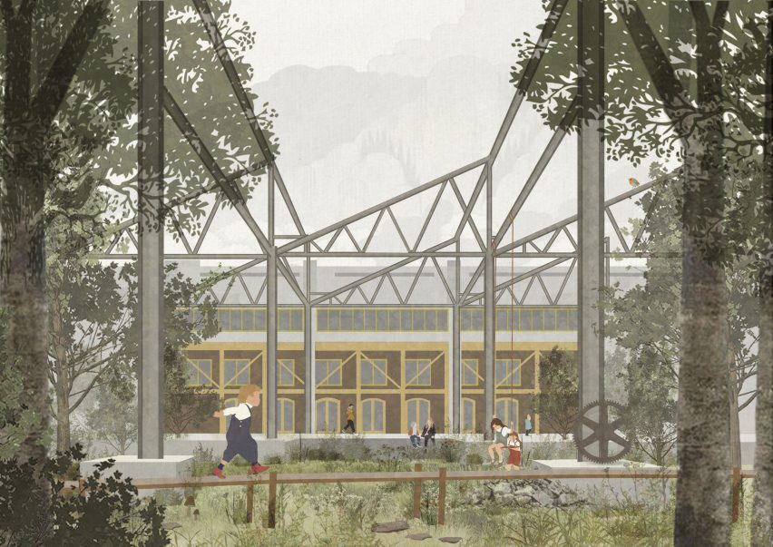 a visualisation of a building structure among greenery